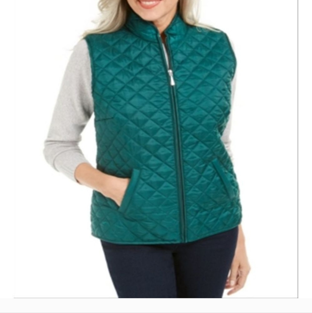 Karen Scott EUC Womens Quilted Vest Size Petite Large Spruce Outdoor Athleisure